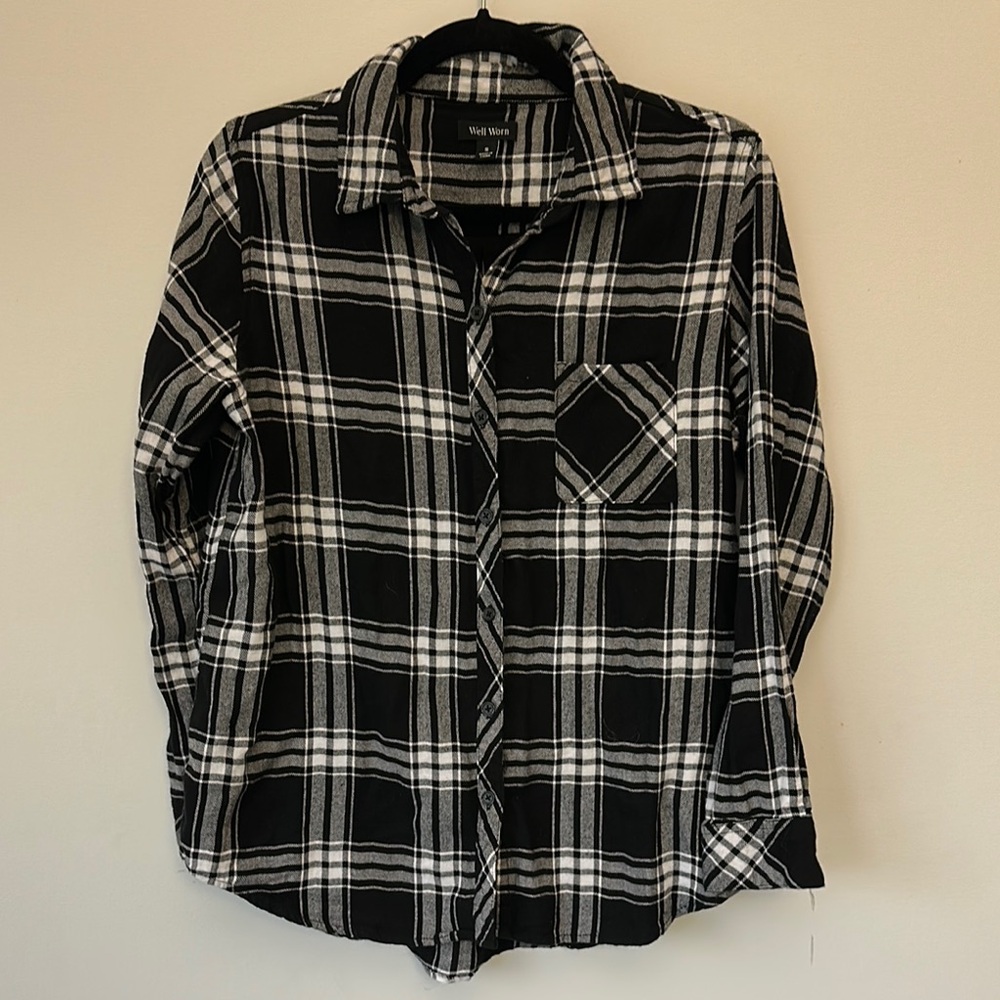 Well Worn Black and White Plaid Flannel Shirt
